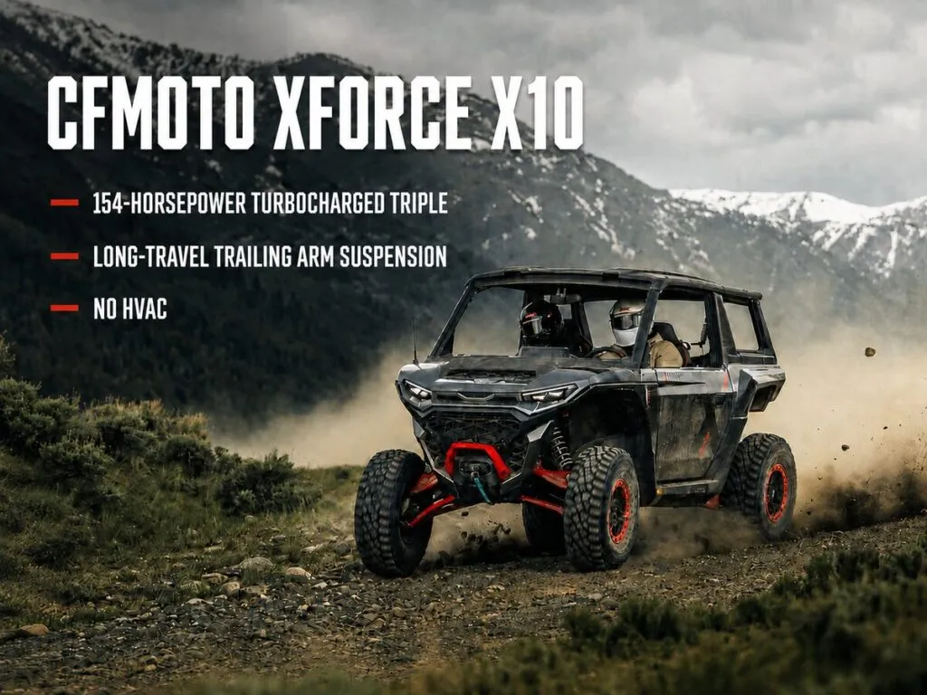 2027 CFMOTO XFORCE X10 performance-adventure UTV kicking up dust on a mountain trail